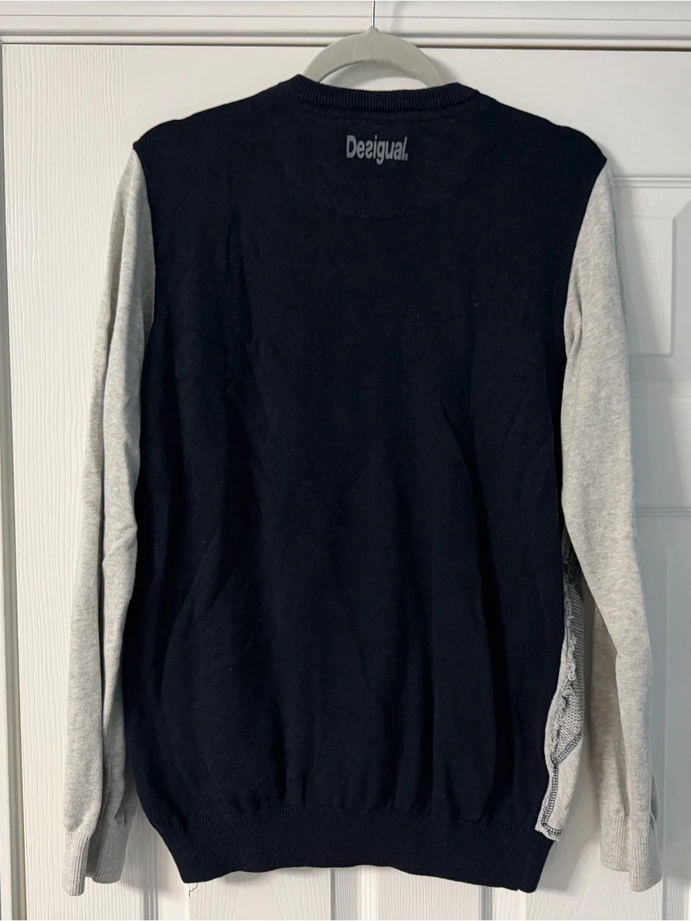 Desigual Men's Patchwork V-Neck Sweater in Gray, Navy and Blue
